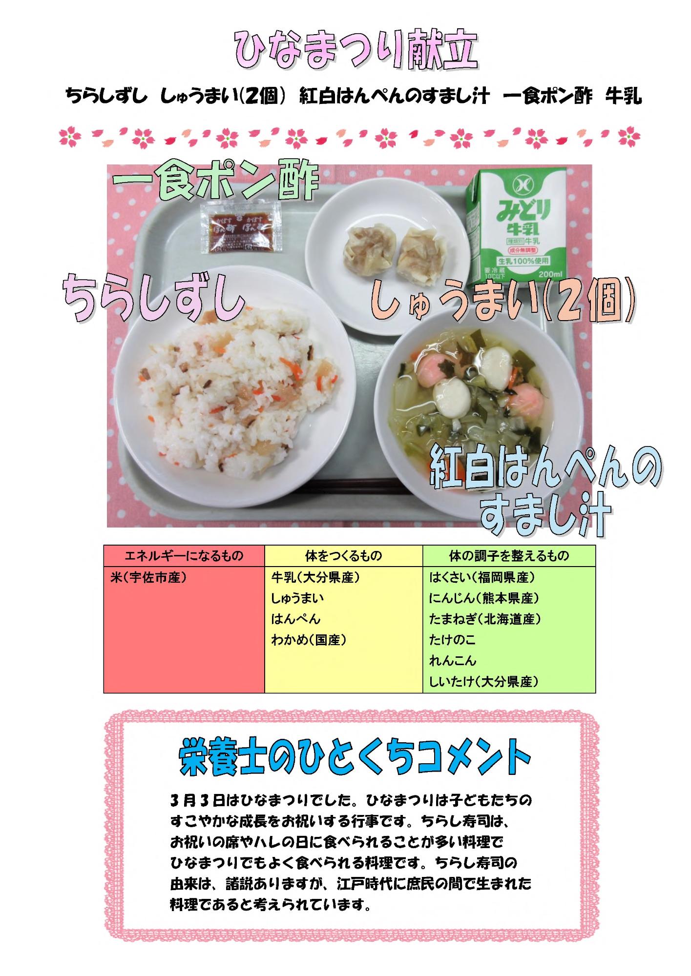 柳ヶ浦小・長洲小・和間小・豊川小の3月5日の給食
