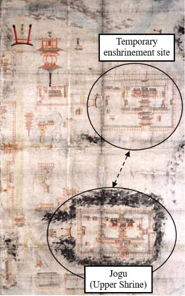 Jogu (Upper Shrine) and a temporary enshrinement site on an illustrated map (early fifteenth century)