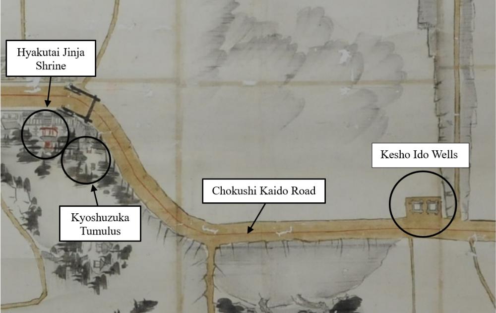 Map of the imperial messenger’s procession route showing Kesho Ido Wells (1864)