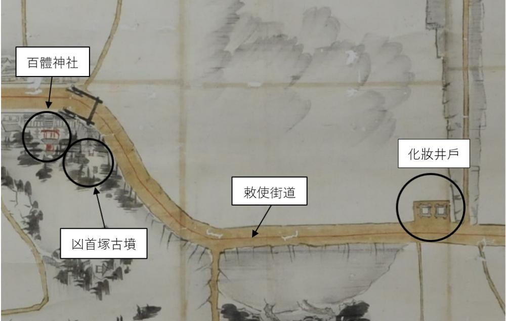 奉幣使節前往宇佐神宮的地圖(1864)也能看見化妝井戶