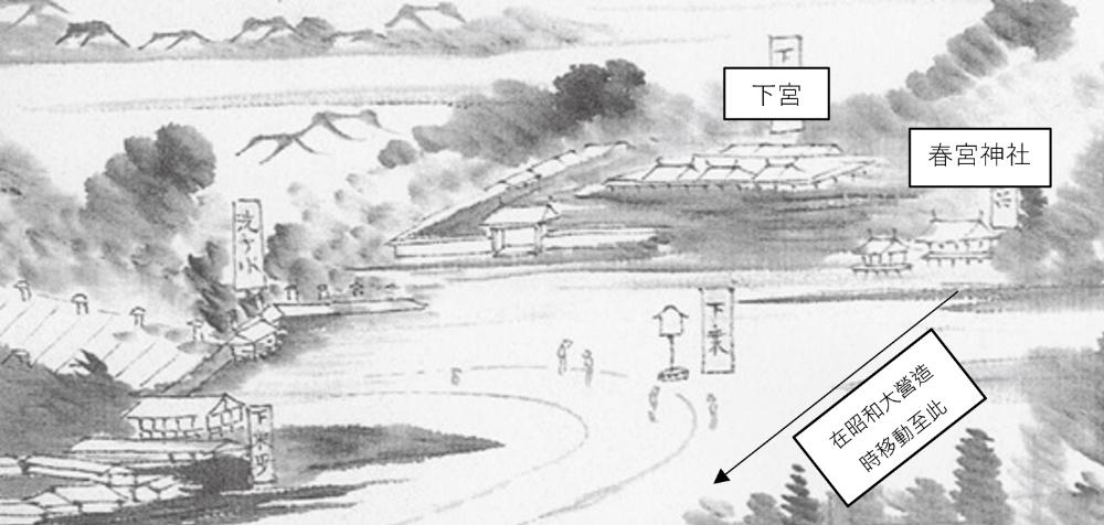 蓑虫山人在图绘日记中所描绘的下宫跟春宫神社(1864)