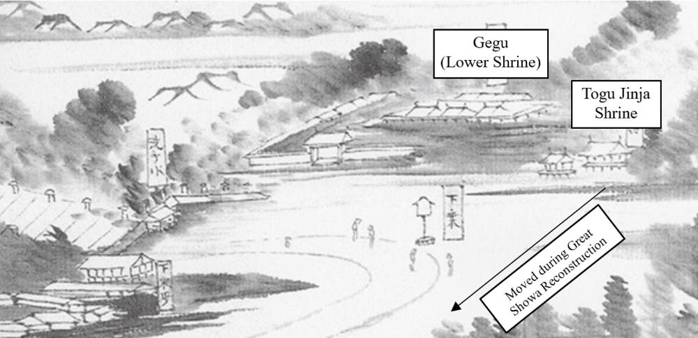 Gegu (Lower Shrine) and Togu Jinja Shrine depicted in The Illustrated Diary of Minomushi Sanjin (1864)