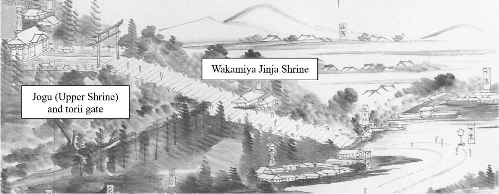 Wakamiya Jinja Shrine depicted in The Illustrated Diary of Minomushi Sanjin (1864)