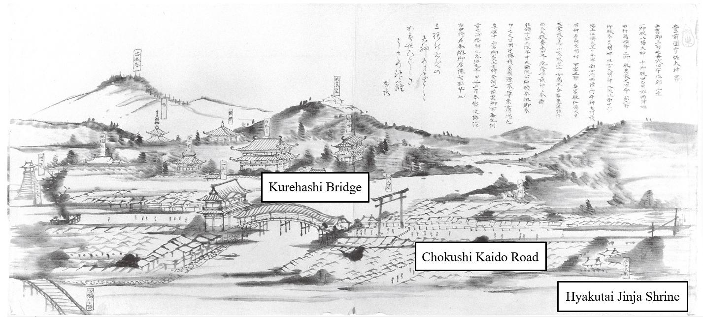 Chokushi Kaido and the area around Usa Jingu Shrine in The Illustrated Diary of Minomushi Sanjin (1864)