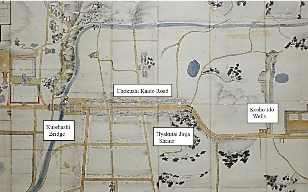 Map of the imperial messenger’s procession route showing the Chokushi Kaido (1864)