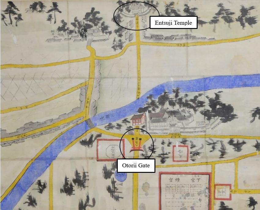 Illustrated map of Usa Jingu Shrine and the surrounding area (mid-nineteenth century)