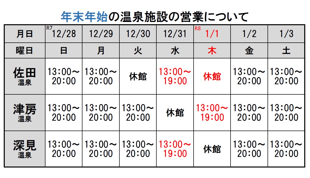 令和7年度 年末年始の温泉施設の営業について