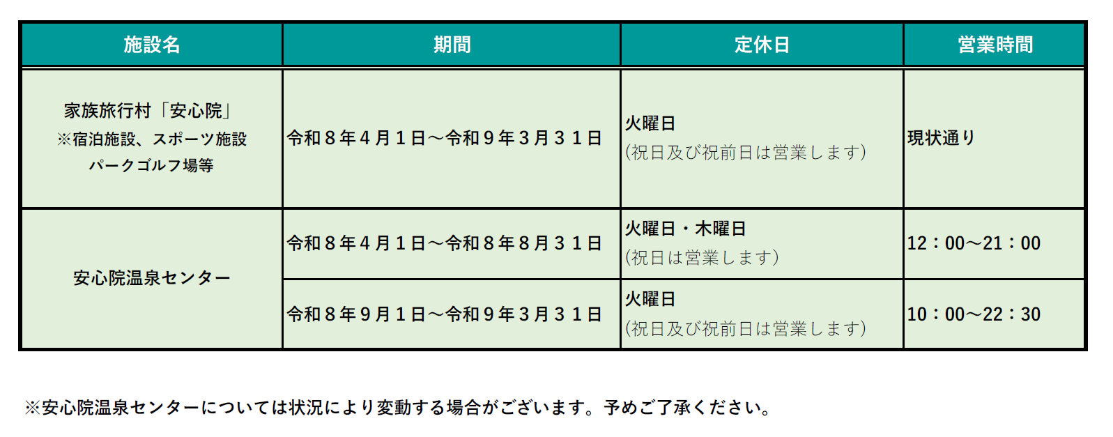 家族旅行村「安心院」令和8年度の営業について