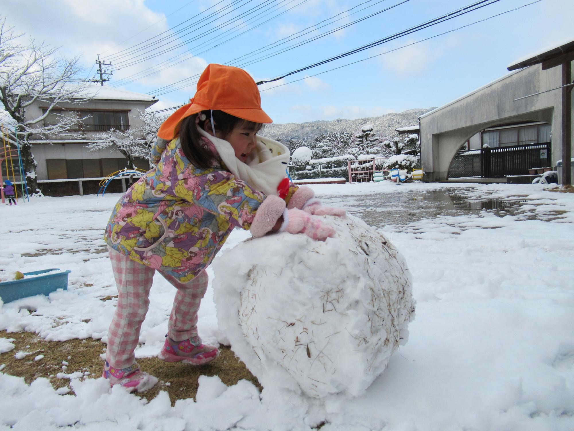 大きな雪玉を作っている
