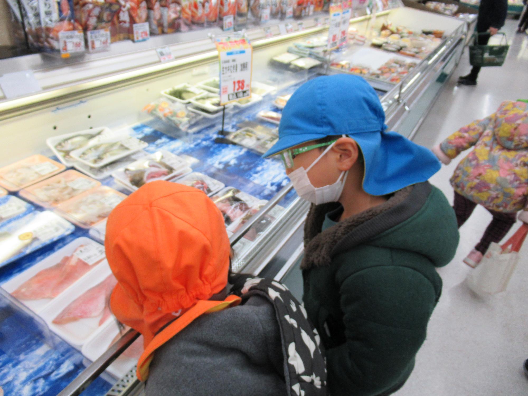 魚売り場を見る子ども