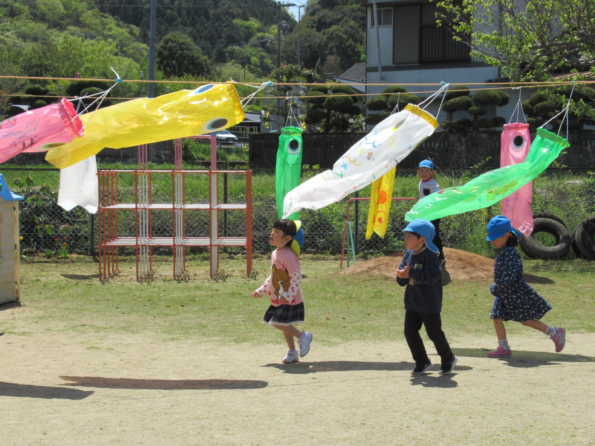 こいのぼり、5歳児園児、風と遊ぶ、走りっこ