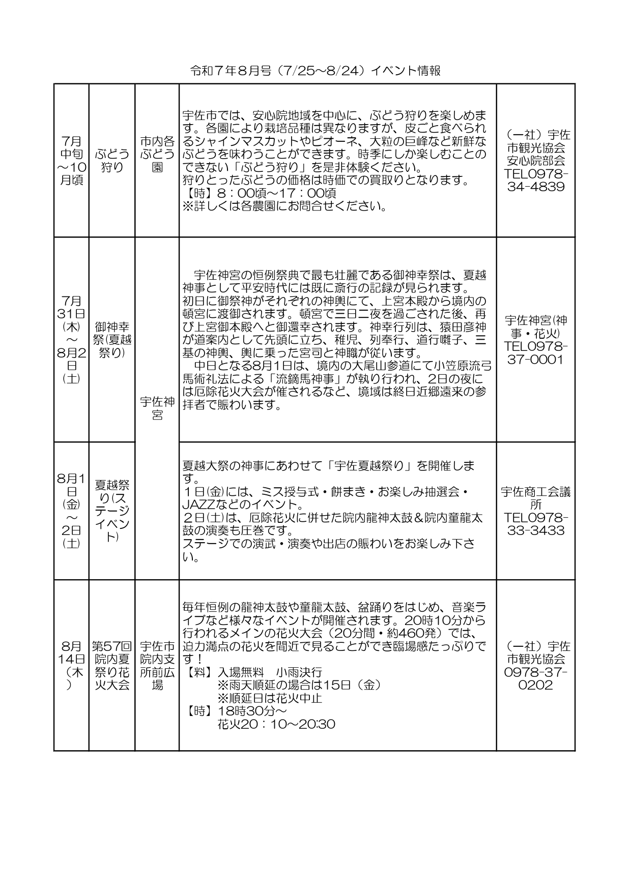 8月イベント情報