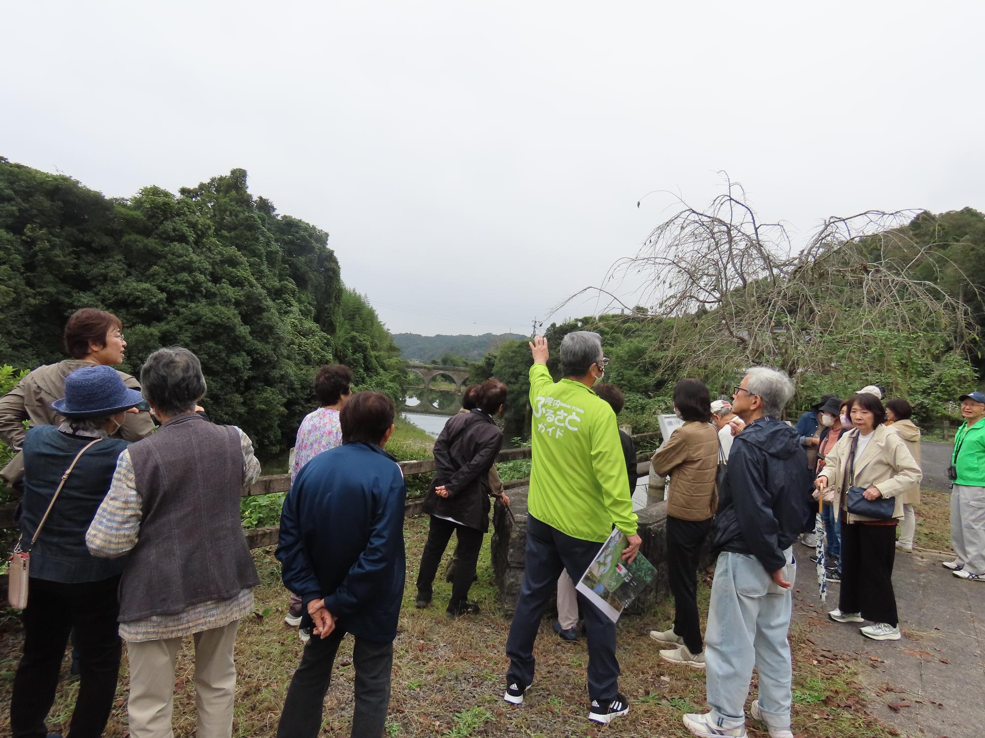 遠くに見える分寺橋の説明を聞いている様子