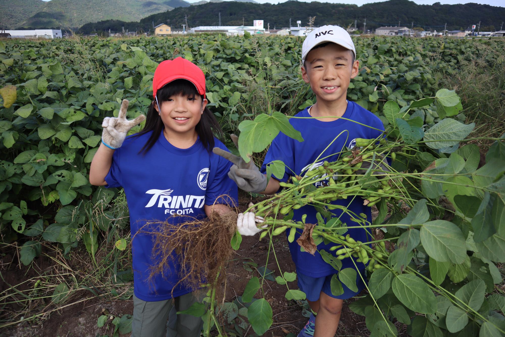 収穫した枝豆を持ってピースする児童